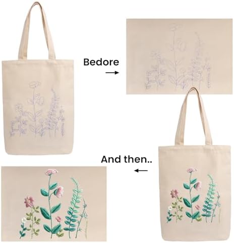 CREAWONDER Canvas Tote Bag Embroidery Kit with Pattern for Beginners, Arts and DIY Embroidery Crafts Kits for Adults, Include Instructions, Embroidery Hoops, Color Threads and Tool - Image 5