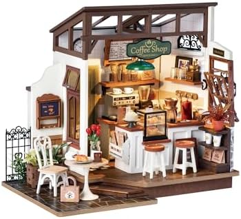 Rowood Coffee Miniature House Kit, Mother's Day DIY Miniature Dollhouse Kits for Adults to Build, Wooden Mini House Model Kits Adults Crafts with LED, Gift on Christmas Birthday for Family-NO.17 Cafe by RowoodAssembleArtDecorateLife