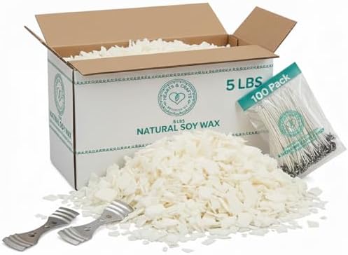 Hearts & Crafts Soy Wax for Candle Making - 5lbs with 100 Pre-Waxed Wicks & 2 Metal Centering Tools - DIY & Professional Candle Making Supplies by HeartsCrafts