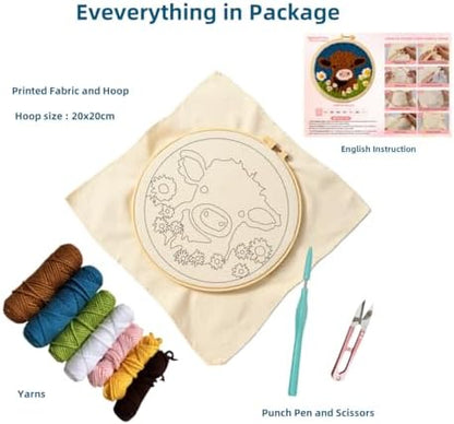 DIY Punch Needle Kits Highland Cow with Daisy Flower with Hoop 20x20cm-1 - Image 2