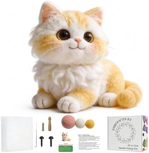 DIY Needle Felting Kit Cute Fluffy Napoleon Munchkin Cat – Needle Felting Starter Kit with Fiber Roving, Needles, Felting Pad & Instructions | Felted Cat Kit for Beginners Adults | DIY Craft Gift by FaceNFace