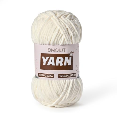 Plush Chenille Chunky Crochet Yarn - Baby Yarn for Crocheting Soft - Velvet Yarns Knitting for Blankets Crafts - Fluffy Amigurumi Yarns 100g / 131yd (White) by OMoiut