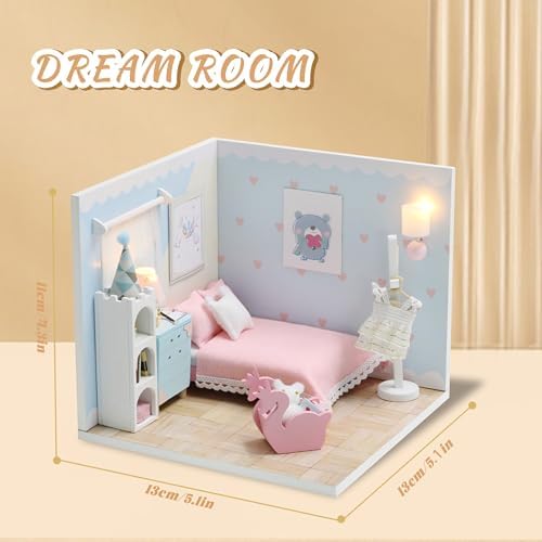 Kisoy Dollhouse Miniature with Furniture Kit, DIY 3D Wooden DIY House Kit A Corner of a Small Apartment Style with Dust Cover & LED,Handmade Tiny House Toys for Kids Adults Gift (Dream Room) - Image 2