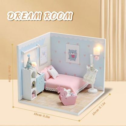 Kisoy Dollhouse Miniature with Furniture Kit, DIY 3D Wooden DIY House Kit A Corner of a Small Apartment Style with Dust Cover & LED,Handmade Tiny House Toys for Kids Adults Gift (Dream Room) - Image 2