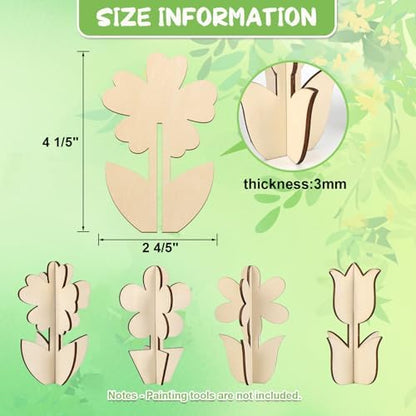 COCHIE DIY 3D Flower Spring Wood Crafts to Paint, Paintable Unfinished Wooden Slices for Craft, Flowers Cutouts Ornaments for Painting Decorations (24 PCS) - Image 2