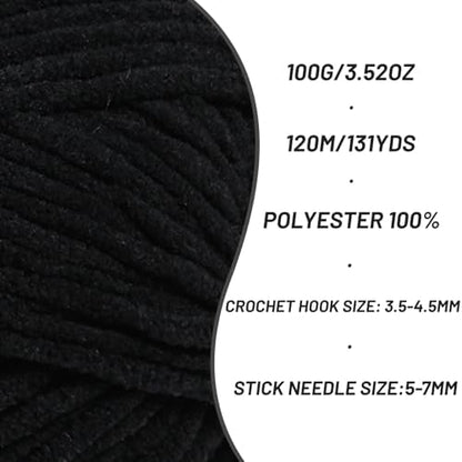 4 Pack Plush Chunky Chenille Yarn for Crocheting, Soft Fluffy Velvet Yarn for Crocheting Amigurumi, Fuzzy Baby Blanket Knitting 400g/524yds Bulky(4 Black) - Image 2