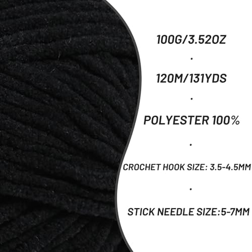 Plush Chunky Chenille Yarn for Crocheting, Soft Fluffy Velvet Yarn for Crocheting, Fuzzy Baby Blanket Knitting Yarns, 100g/131yds Bulky Amigurumi Yarns（Black） - Image 2