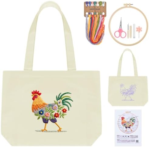 ERKOON Canvas Tote Bag Embroidery Kit for Beginners, Floral Arts Crafts Cross Stitch Kits for Adults Including Stamped Embroidery Bag with Hoops, Needle, Instruction and Color Threads (Rooster) by ERKOON
