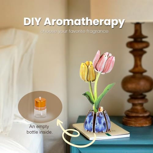 Jege 3D Flowers Wooden Puzzles for Adults,DIY Wooden 2 Flowers per Kit Building Set for Home Decor, Creative Craft Gift Toys Kits with 2 Perfume Bottles and Diffuser Sticks (Rose + Tulip) - Image 5