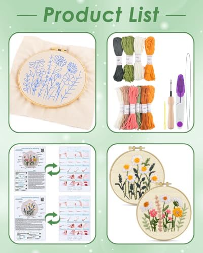 ERKOON Punch Needle Kit Adults Beginners, 2 Pcs DIY Easy Flower Embroidery Set for Starter Art Craft, Needling Punching Project with Patterns, Tools, Yarns, Hoop, Instruction (Daisies) - Image 2
