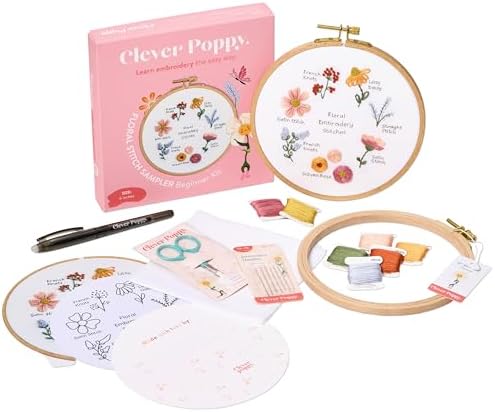 Clever Poppy Floral Stitch Sampler Beginner Embroidery Kit – Easy Embroidery Kit for Beginners with Hoop, Thread & Patterns – Hand Embroidery Kit for Adults and Teens – Complete Embroidery Starter Kit by CleverPoppy
