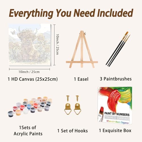AUKELHJ Framed Paint by Numbers Kit for Adults, Highland Cow, 10x10 inch - Image 5