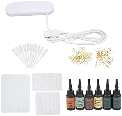 KunEchevyr Resin Earring Mold Set with Glue, DIY Earring Kit, 10 Straws 6 Color Glue 50 Gold Rings 20 Ear Hooks, Jewelry Making Kit for DIY Lovers with Lamp and Silicone by Unknown