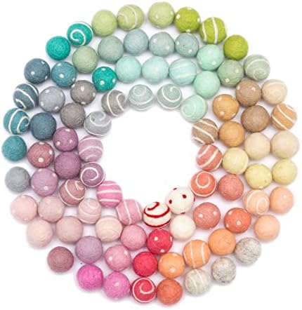Glaciart One Felt Pom Poms, Wool Felt Balls with Swirls & Dots (90 Pieces) 2 cm – 0.8 Inch, Handmade Felted 30 Color Pastel Bulk Small Puff for Felting and Garland by GlaciartOne