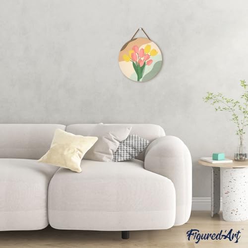 Figured'Art Paint by Numbers Kit for Adults on Wood Slice, 11.8in Diameter - Bouquet of Tulips - Craft Art Painting DIY Canvas - Image 4