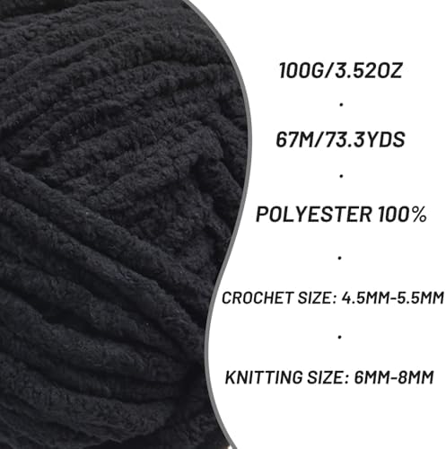 2 Pack Chunky Chenille Yarn for Crocheting, Baby Yarn for Crocheting Soft Blankets, Bulky Yarns for Crochet Amigurumi, 200g (148.7yds) Fluffy Velvet Yarns for Hand Knitting (2 Black) - Image 2