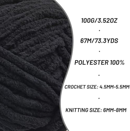 2 Pack Chunky Chenille Yarn for Crocheting, Baby Yarn for Crocheting Soft Blankets, Bulky Yarns for Crochet Amigurumi, 200g (148.7yds) Fluffy Velvet Yarns for Hand Knitting (2 Black) - Image 2