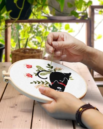 TINDTOP 2 Pack Embroidery Kit for Adult Beginners, Embroidery DIY Starter Kit, with Black Cat and Flowers Stamped Patterns, Hoop, Tools, Colorful Threads with Needles, Instructions - Image 4