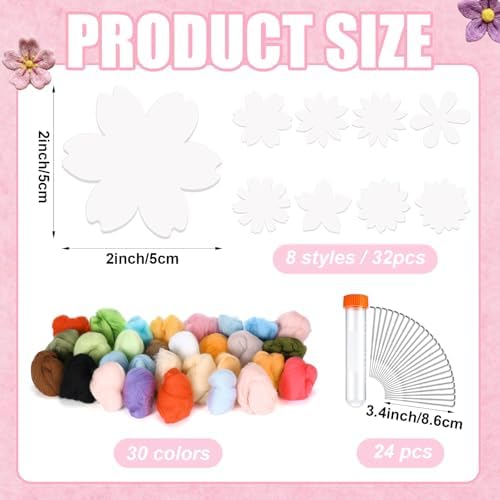 HunnmingRe 32 Set Needle Felting Kits Needle Felting Supplies for Beginner Include Wool Roving Pad and Needles for DIY Home Decoration Art Craft(Flowers) - Image 2