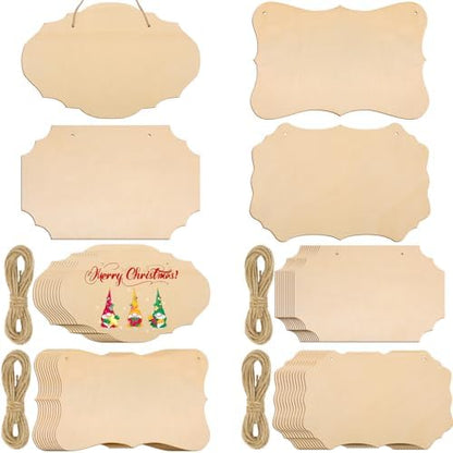40 Pcs Unfinished Wood Sign Blank, 4 Style Rectangular Wooden Plaques with Hanging Ropes for DIY Painting, Crafts, Home Door Wall Art and Holiday Decor, 9 x 5.91 Inch by Unknown