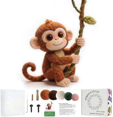 DIY Needle Felting Kit Cute Monkey on Vine – Needle Felting Starter Kit with Fiber Roving, Needles, Felting Pad & Instructions | Felted Jungle Animal Kit for Beginners Adults | DIY Craft Gift by FaceNFace