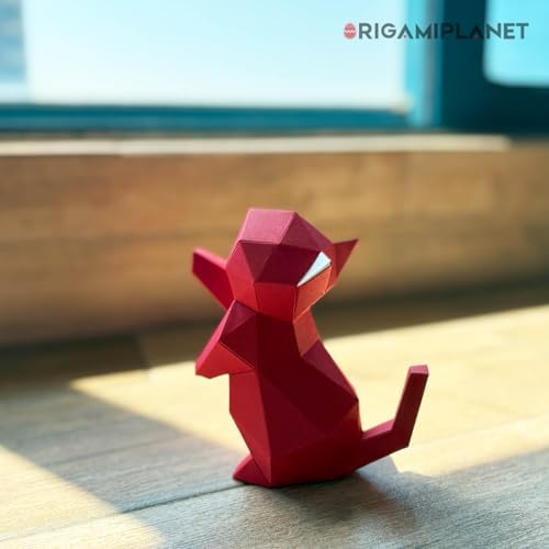3D Origami Paper Craft Kit, Starpaw Kitten Cute DIY Pre-Cut Animal Papercraft Model for Beginners, Fun Handmade Home Decoration Gift for Adults & Teens-Red - Image 7