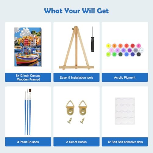 MOGTAA Paint by Numbers Kit for Adults Beginners with Frame, Colorful Boats Adult Paint by Number Kits on Canvas with Easel, Easy DIY Landscape Oil Painting Kits for Home Decor, 8x12in - Image 5