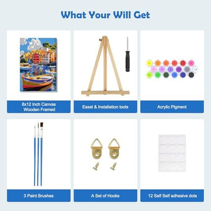 MOGTAA Paint by Numbers Kit for Adults Beginners with Frame, Colorful Boats Adult Paint by Number Kits on Canvas with Easel, Easy DIY Landscape Oil Painting Kits for Home Decor, 8x12in - Image 5