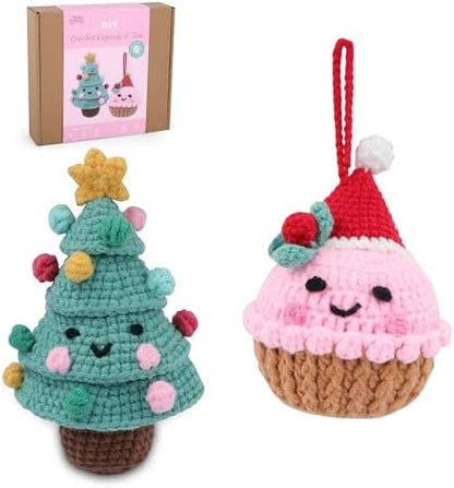 HOUSE CREATIVITY Crochet Kit for Beginners – Make a Christmas Tree & Cupcake, Amigurumi Crochet Starter Kit with Video Tutorial, Yarn & Hook, DIY Holiday Ornament & Cute Desk Decor Gift by HouseCreativity