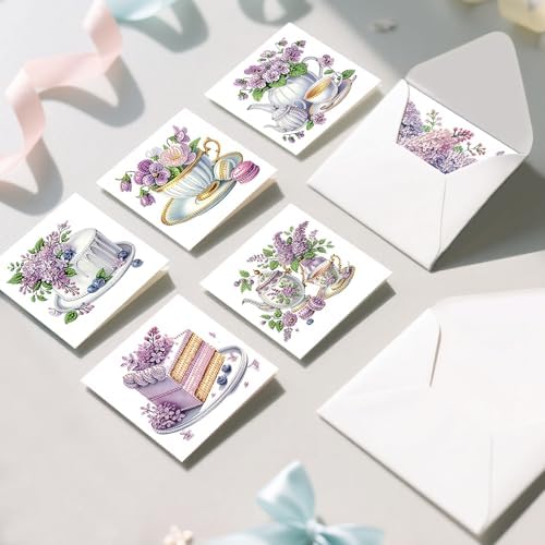 6pcs Diamond Painting Greeting Card with envelopes, DIY Afternoon Tea with Lavender Diamond Art Greeting Card for Blessing and Wish Special Shaped Arts Crafts for Christmas Birthday Thanksgiving Day - Image 6