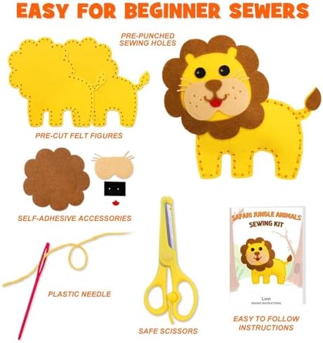 CiyvoLyeen Kids Sewing Kit Crafts – DIY Safari Jungle Animals Felt Plush Ornaments Sewing Set for Girls & Boys Ages 7–12, Beginner Craft Kit Set of 14 - Image 4
