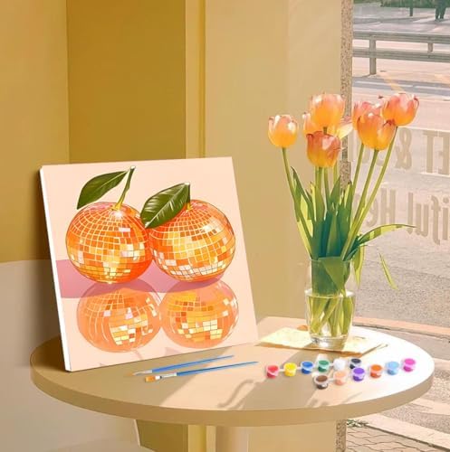Canrichshop 4 Pack Disco Ball DIY Paint by Number Beginners,Fruit Oil Painting Adults' Paint-by-Number Kits,Acrylic Paint Kit with Frame for All Ages,Easy Paint by Numbers Kids on Canvas 8x8inch - Image 4