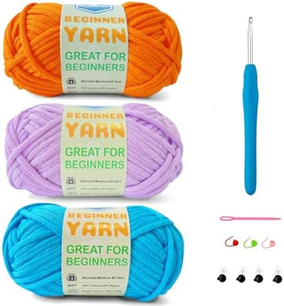 3 * 50g/1.76oz Yarn for Crocheting and Knitting, 3 * 60yds Beginner Yarn with Easy-to-See Stitches; Worsted-Weight Medium #4;Amigurumi-Friendly Crochet Kit(Blue+Orange+Purple) by SIXLAMB