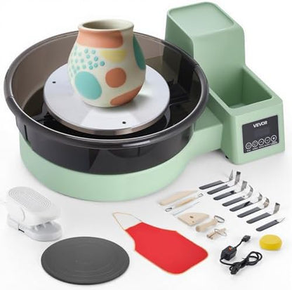 VEVOR Pottery Wheel for Adults, 14" and 11" Turntables, 450W Electric Table Top Pottery Wheel with Foot Pedal, 30-300 RPM Adjustable Speed, Detachable Basin, for Beginners, DIY Clay Art Craft, Green by VEVOR