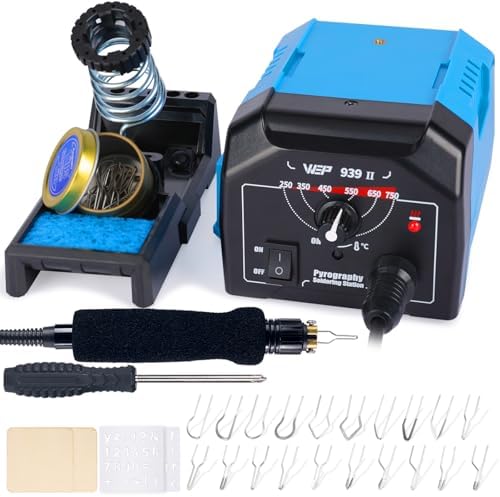 WEP 939-II Pyrography Station Wood Burning Kit 32-IN-1 with 20 Wood Burner Tips Comfort Pen with 2 Letter Number Stencils, 2 Unfinished Wood, 1 Pen Holder Woodburning Tools by WEPTOOLS