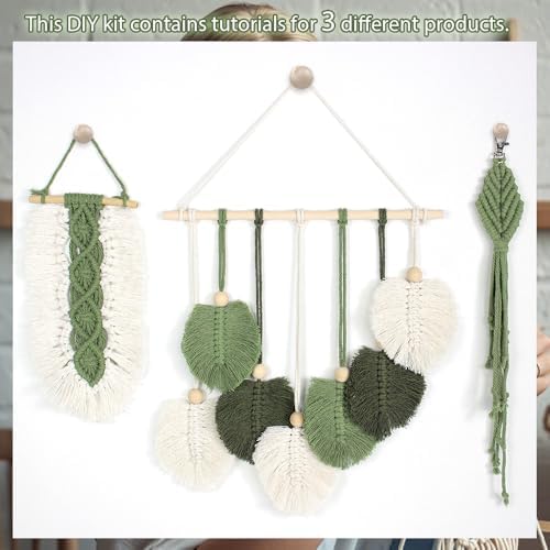 BUFANTL DIY Macrame Leaf Kit for Beginners, 3-in-1 Starter Set with 2 Wall Hangings & 1 Keychain, Boho Weaving Craft Kit with Printed Tutorial for Adults - Image 4