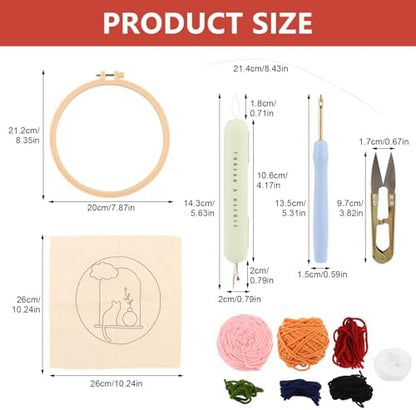 Punch Needle Kit Adults Beginner, Cute Window sill cat with Hoop Embroidery Punch Needle Starter Set, Hand DIY Embroidery Art Kits, Including Punch Needle Fabric with Pattern/Hoop/Needle/Yarns - Image 2
