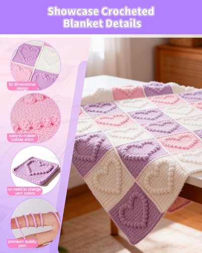 Coopay Crochet Kit for Beginners, 3D Heart Granny Square Blanket Kit, Set A - Image 4