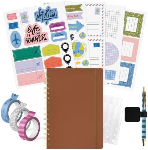 PAPERAGE Travel Journal Kit, Travel Notebook & Scrapbook Set, Hardcover Blank Spiral Notebook, 5 Sticker Sheets, 2 Photo Corners, 3 Washi Tapes & Black-Ink Gel Pen with Pen Holder - Cognac by PAPERAGE
