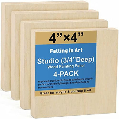 Falling in Art 4 Pack 4x4’’ Unfinished Birch Wood Panels Kit for Painting by FallinginArt