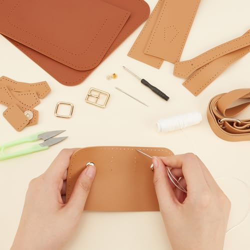 WADORN DIY Crossbody Bag Making Kits, PU Leather Shoulder Bag Sewing Set with Instruction Handmade Satchel Handbag Making Kit Purse Sewing Kit for Women Handicraft Gift, 9.8x3.5x6.7 Inch(Brown+Khaki) - Image 3
