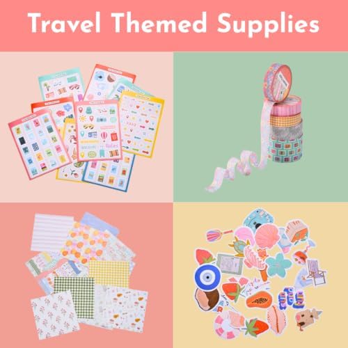 Travel Scrapbook & Junk Journal Supplies Kit – Travel Stickers, Scrapbook Paper, Washi Tape, Memo Pad, Embellishments, Glue Tape Runner & Glue Dots for Journaling & Memory Books (Travel) - Image 3