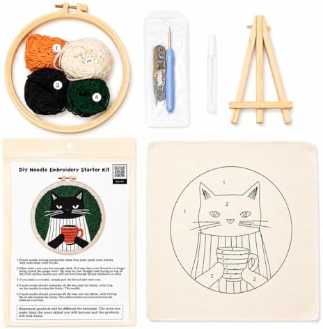 CELCRAFTIQUE Punch Needle Kits for Adults Beginner, Tool with Punch Needle Fabric, Hoops, Yarns and Sewing Needles (Coffee Cat) - Image 3