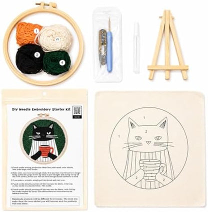 CELCRAFTIQUE Punch Needle Kits for Adults Beginner, Tool with Punch Needle Fabric, Hoops, Yarns and Sewing Needles (Coffee Cat) - Image 3