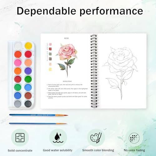 Watercolor Workbooks, 16 Colors Water Color Books Paint Set for Adults, Watercolor Coloring Book for Beginners, Water Color Workbook, 15 Beautiful Paintings for Beginners (Plants) - Image 4