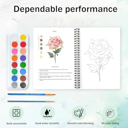 Watercolor Workbooks, 16 Colors Water Color Books Paint Set for Adults, Watercolor Coloring Book for Beginners, Water Color Workbook, 15 Beautiful Paintings for Beginners (Plants) - Image 4