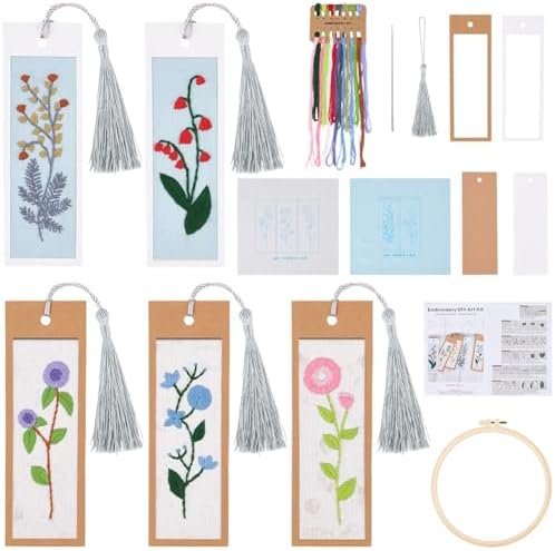 SUNNYCLUE DIY 5 Sets Embroidery Bookmark Kits Instruction Included Cross Stitch Bookmark Floral Plant Flower Tassel Bookmarkers Cross Stitch Kits for Beginners Adults School Office Gifts Craft by SUNNYCLUE