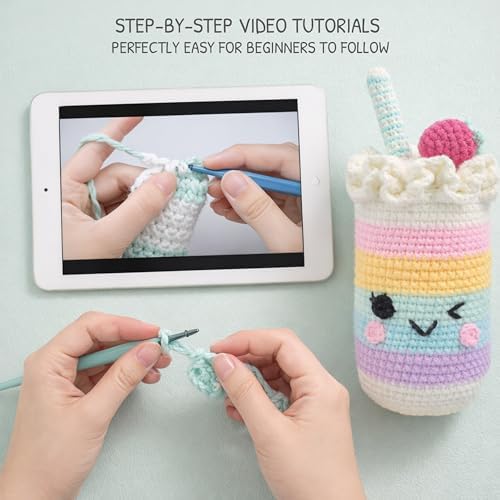 HOUSE CREATIVITY Crochet Kit for Beginners, Make a Cup with Straw, Amigurumi Crochet Kit with Video Tutorial, Complete Set with Yarn, Hook & Stuffing, Cozy Stress Relief Gift for Adults & Kids - Image 5