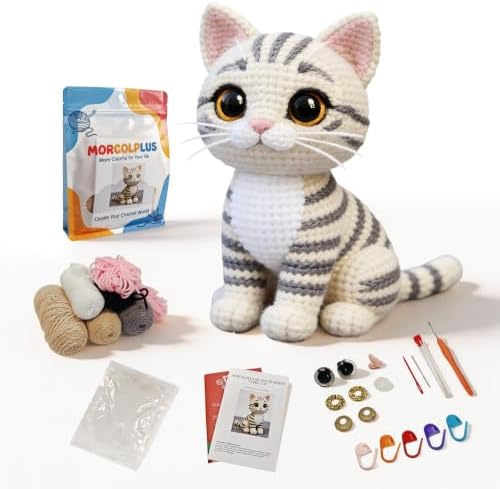 Morcolplus Realistic Cat Crochet Kit for Adults, Intermediate Amigurumi Crochet Kit with Step-by-Step Video Tutorials and All Materials Included, DIY Gift for Cat Lovers (Light Gray) by Morcolplus