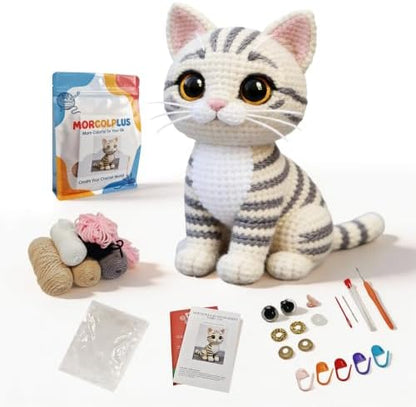 Morcolplus Realistic Cat Crochet Kit for Adults, Intermediate Amigurumi Crochet Kit with Step-by-Step Video Tutorials and All Materials Included, DIY Gift for Cat Lovers (Light Gray) by Morcolplus